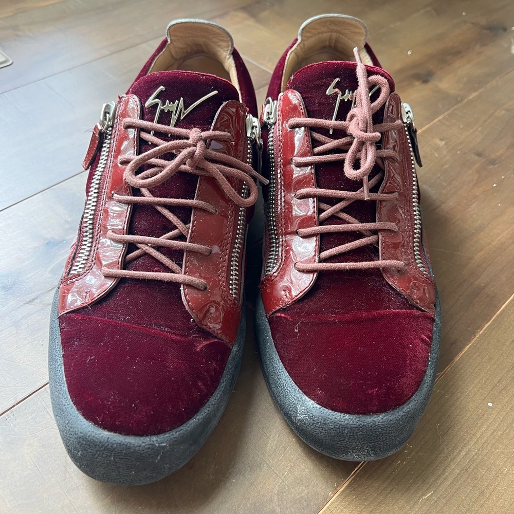 Giuseppe Zanotti Burgundy Velvet and Patent Frankie Low Top Sneakers Size 46